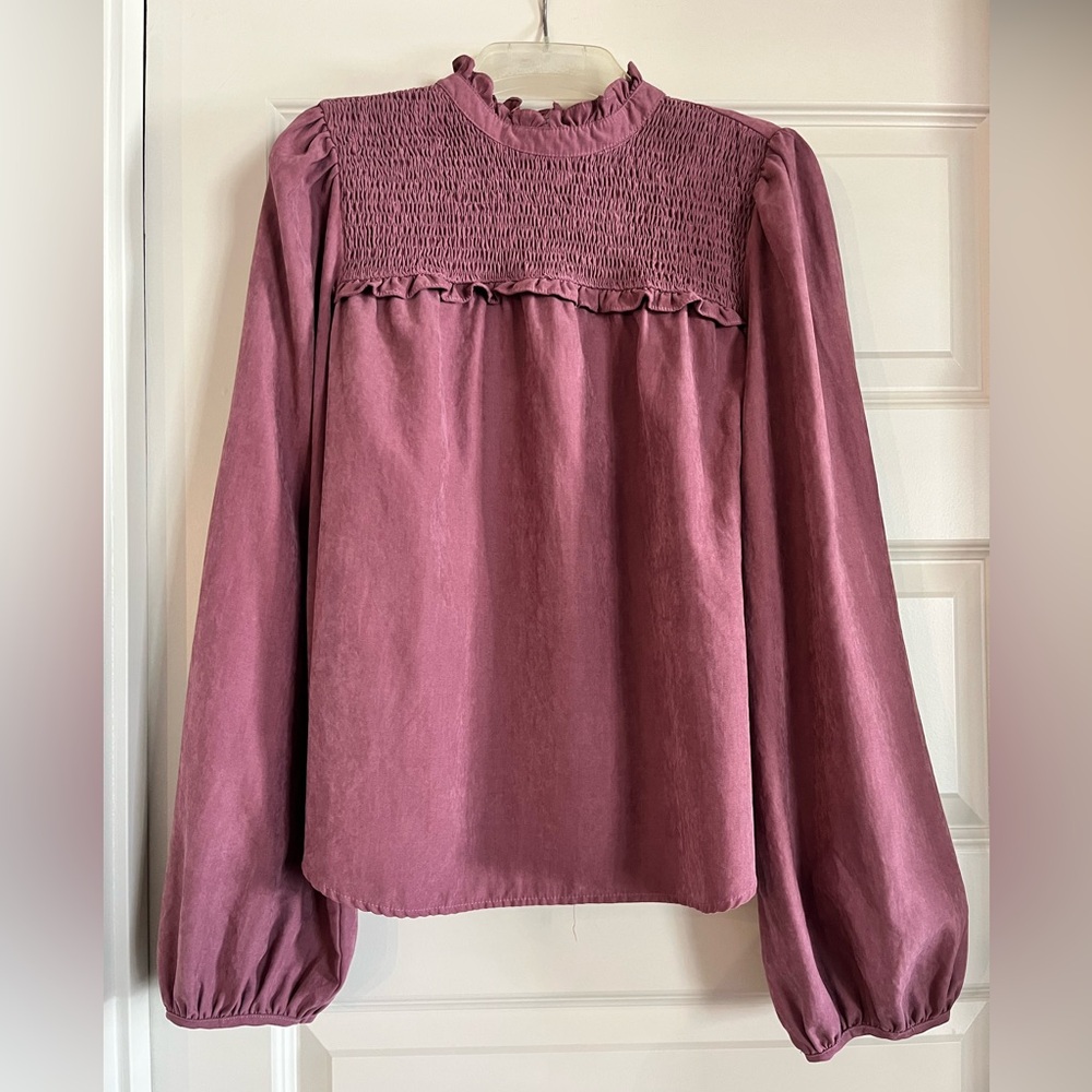 Smocked Yoke Ruffle Long-Sleeve Blouse - Dusty Rose